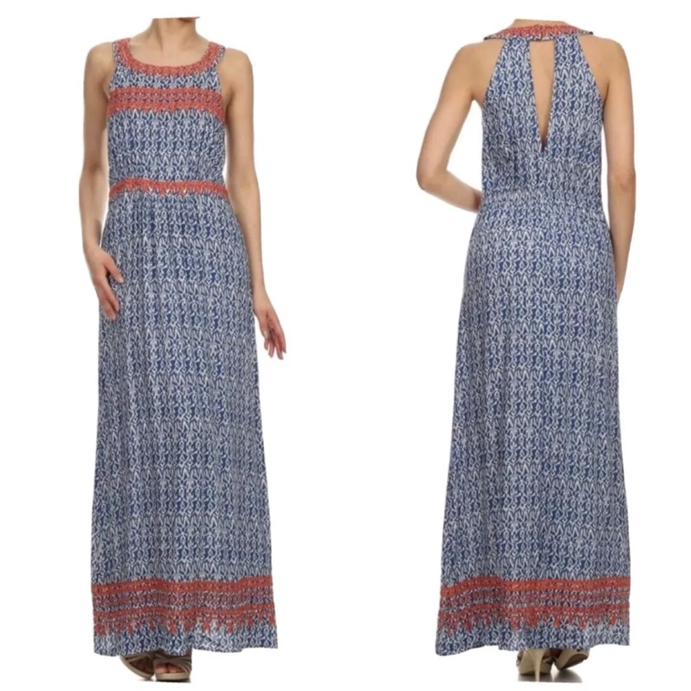 THML Jameson‎ embroidered maxi dress. Black, white, orange stitching. size L